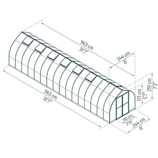 Bella 8ft x 32ft Polycarbonate Greenhouse - Silver Frame