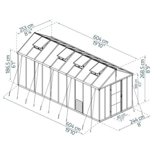 Glory 8ft x 20ft Polycarbonate Greenhouse - Grey Frame