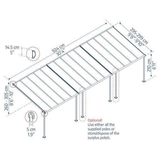 Sierra Patio Cover 3m x 9.2m - Grey Aluminium Frame & Clear Polycarbonate