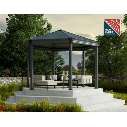 Roma 3.6m x 4m (11.1m²) Garden Hexagonal Gazebo in Grey Aluminium with Polycarbonate Roof