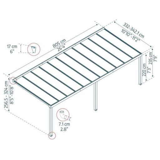 Stockholm Patio Cover 3.4m x 8m - Grey Aluminium Frame & Clear Polycarbonate