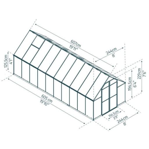 Essence 8ft x 20ft Polycarbonate Greenhouse - Silver Frame