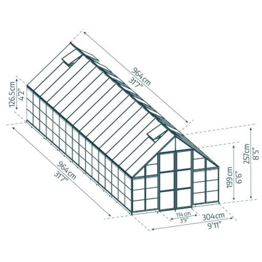 Balance 10ft x 32ft Polycarbonate Greenhouse - Silver Frame