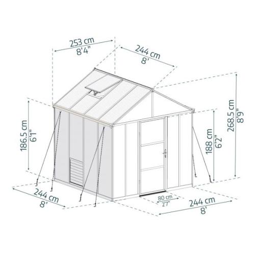 Glory 8ft x 8ft Polycarbonate Greenhouse - Grey Frame