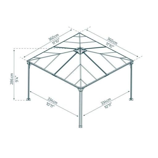 Palermo 3.6m x 3.6m Garden Gazebo in Grey Aluminium with Polycarbonate Roof