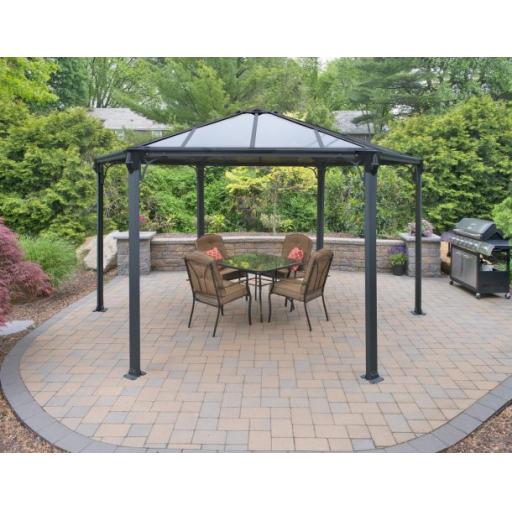 Monaco 3.9m x 4.5m (13m²) Garden Hexagonal Gazebo in Grey Aluminium with Polycarbonate Roof