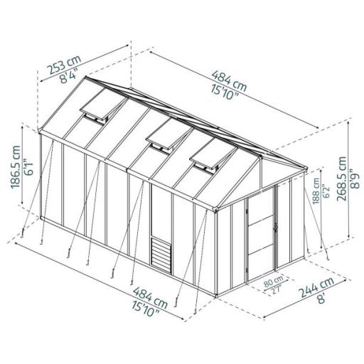 Glory 8ft x 16ft Polycarbonate Greenhouse - Grey Frame