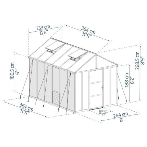 Glory 8ft x 12ft Polycarbonate Greenhouse - Grey Frame
