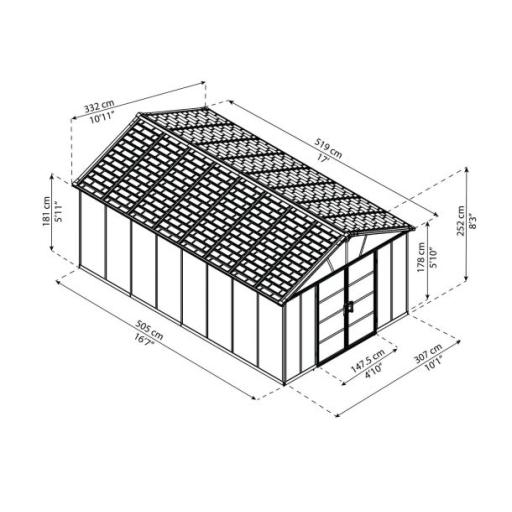 Yukon 11ft x 17ft Garden Shed Without Floor - Dark Grey Polycarbonate Panels