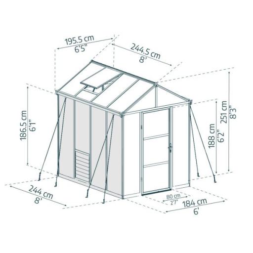 Glory 6ft x 8ft Polycarbonate Greenhouse - Grey Frame
