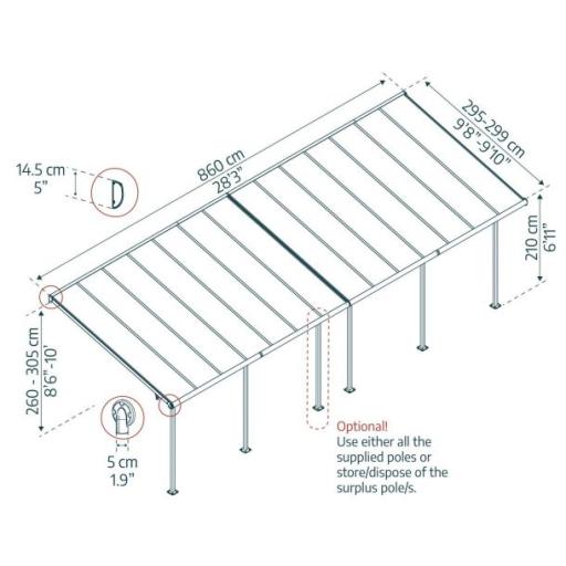 Sierra Patio Cover 3m x 8.6m - Grey Aluminium Frame & Clear Polycarbonate
