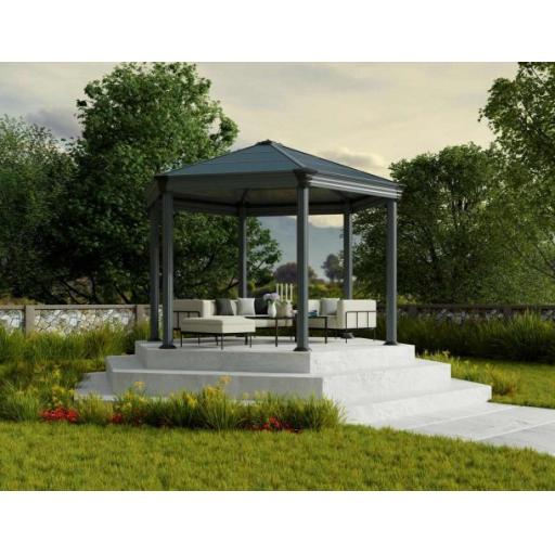Roma 3.6m x 4m (11.1m²) Garden Hexagonal Gazebo in Grey Aluminium with Polycarbonate Roof