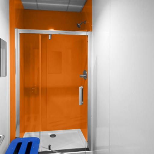 orange hygienic cladding in a shower